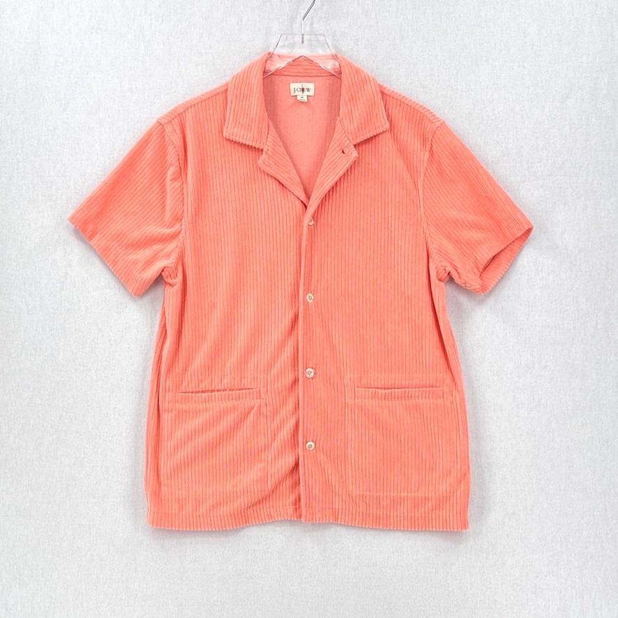 J Crew Short Sleeve Corded Terry Camp Collar Shirt Mens Medium Orange Oarsman